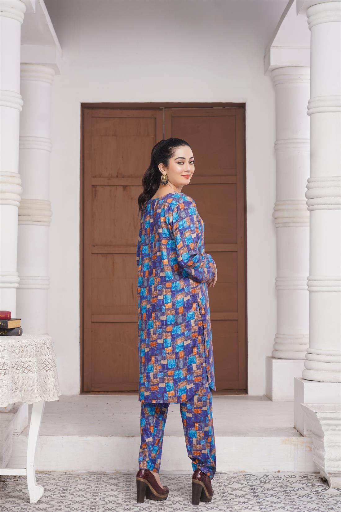 Blue Digital Print Linen Ladies Readymade