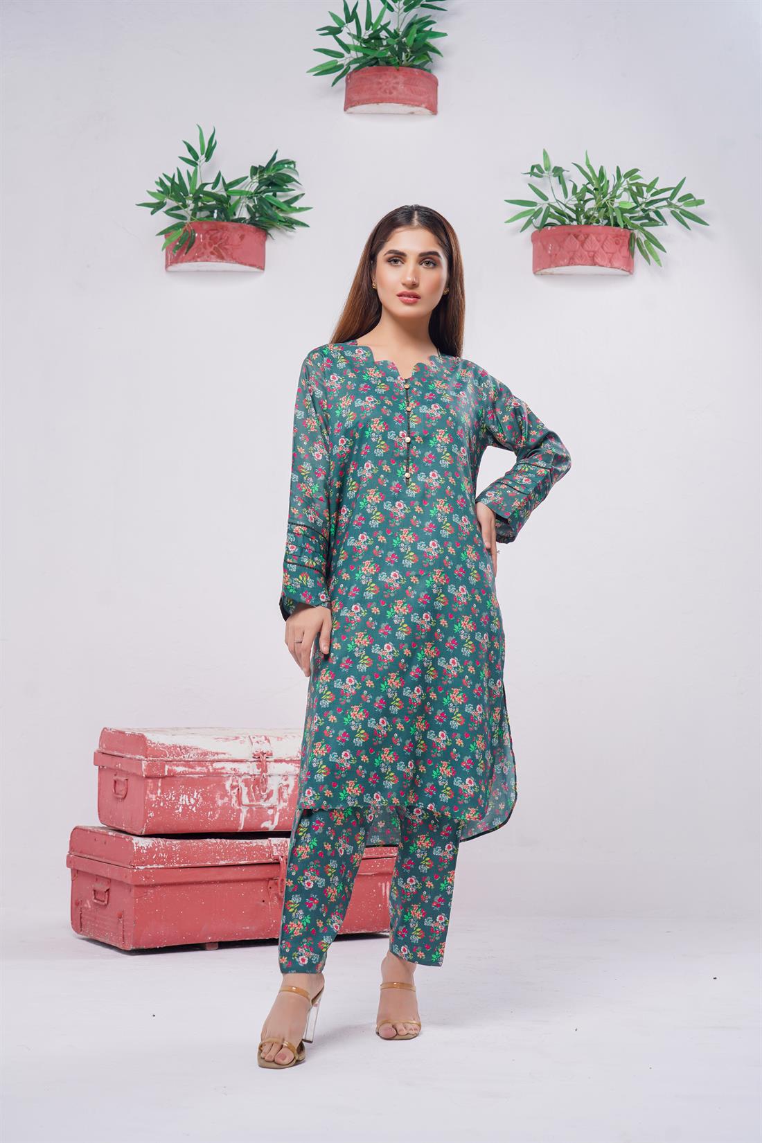 Green Digital Print Linen Ladies Readymade