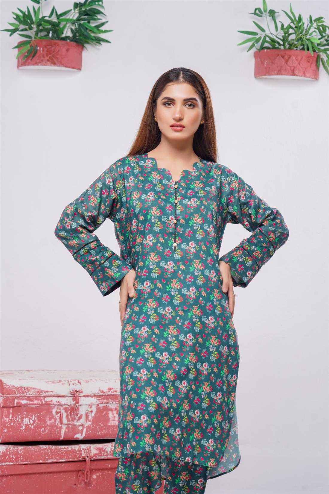 Green Digital Print Linen Ladies Readymade