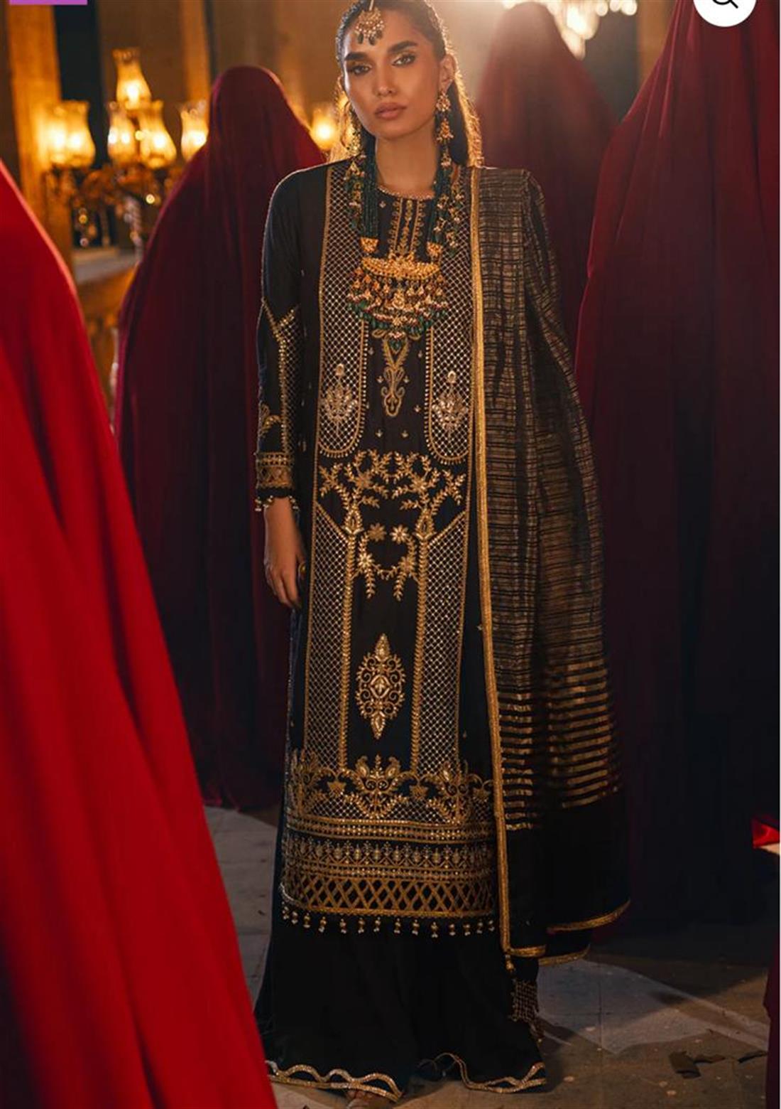 Black Embroidered Silk Ladies Readymade