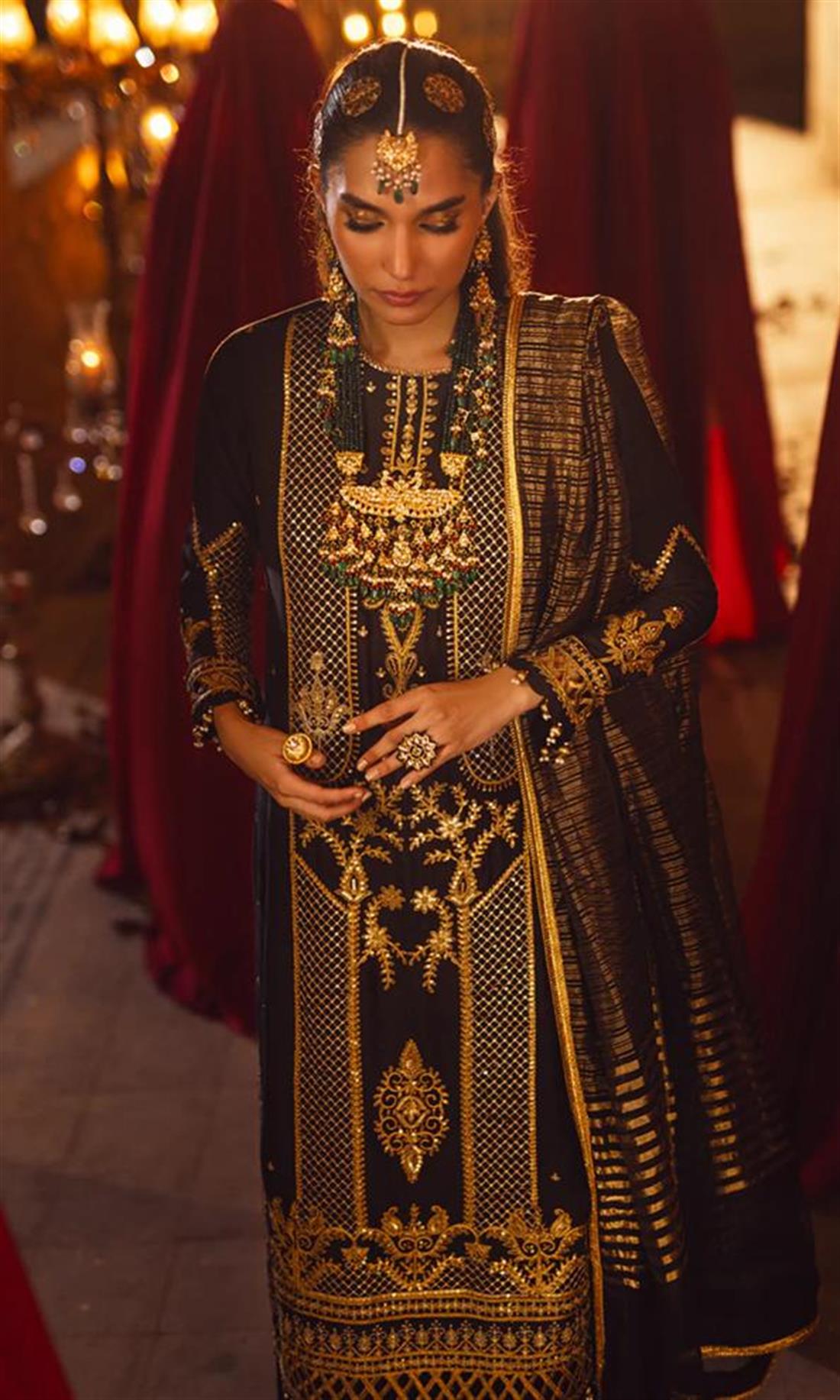 Black Embroidered Silk Ladies Readymade