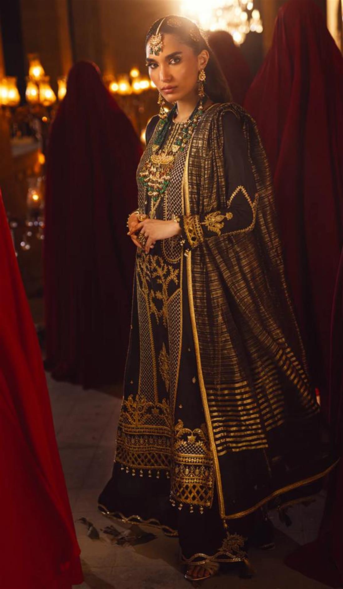Black Embroidered Silk Ladies Readymade