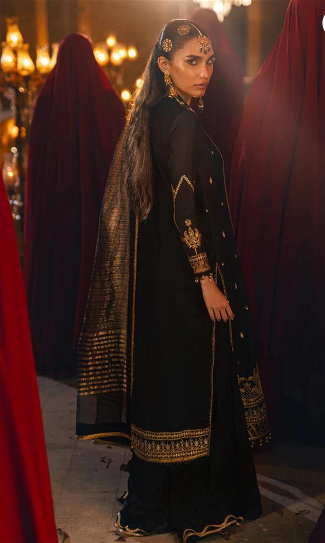 Black Embroidered Silk Ladies Readymade