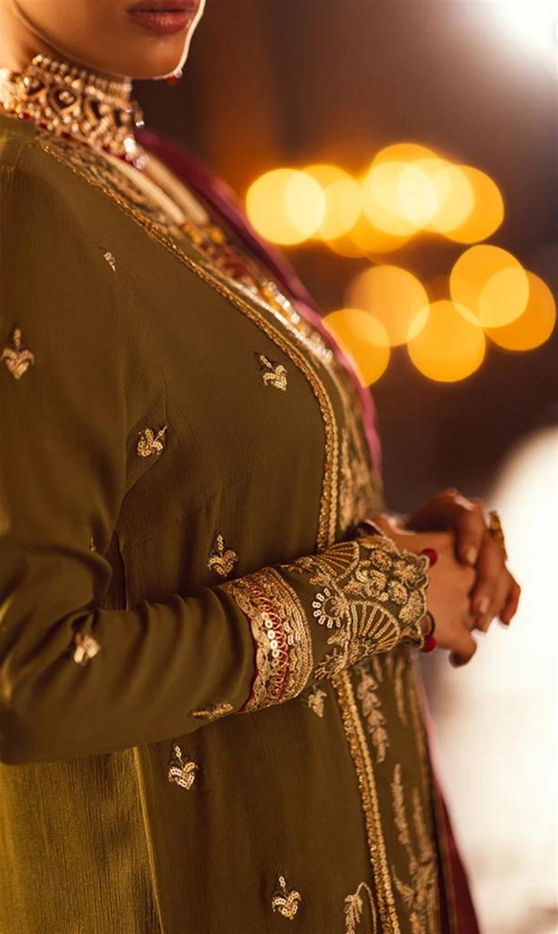 Mehndi Green Sequinned Chiffon Ladies Readymade