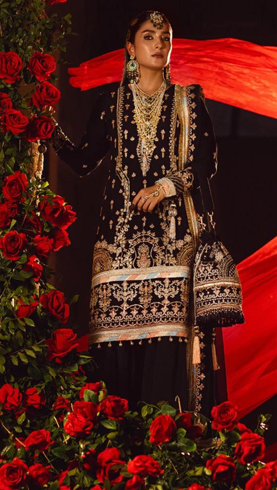 Black Sequinned Raw Silk Ladies Readymade