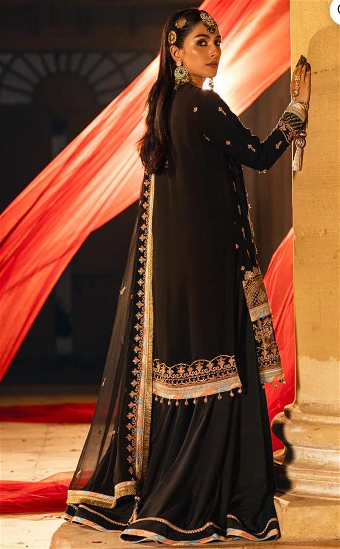 Black Sequinned Raw Silk Ladies Readymade