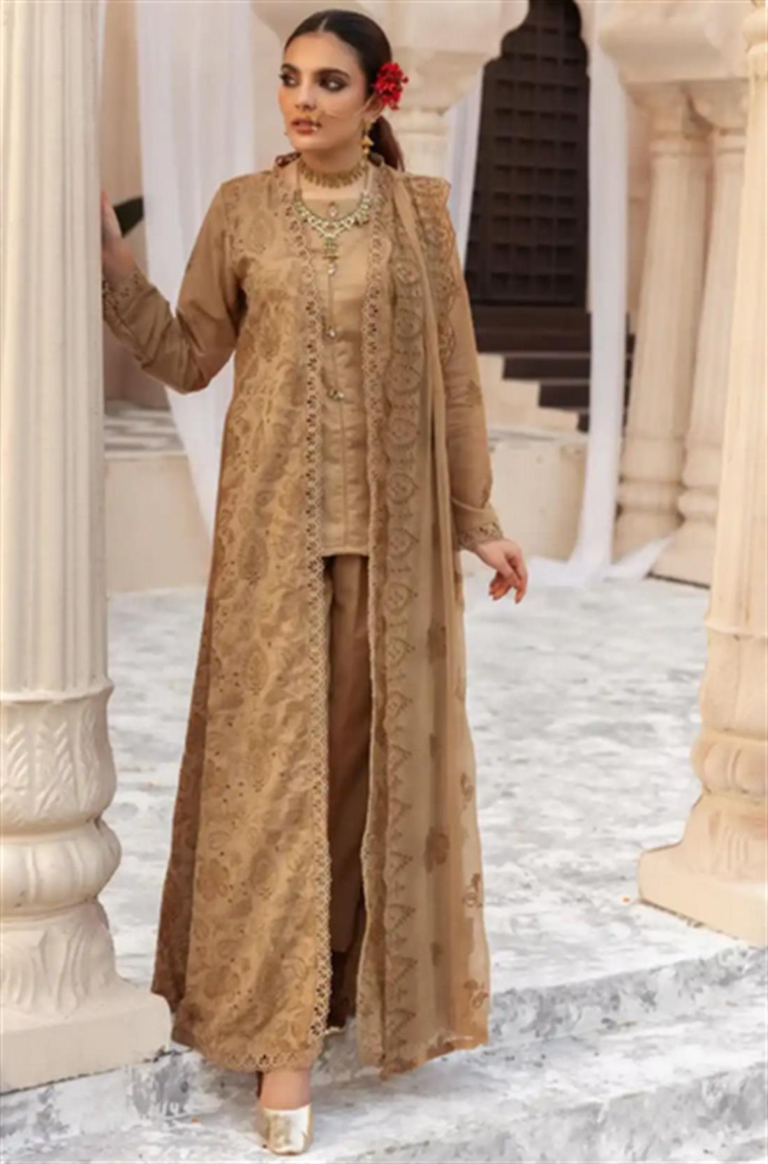 Dark Beige Embroidered Chiffon Ladies Readymade