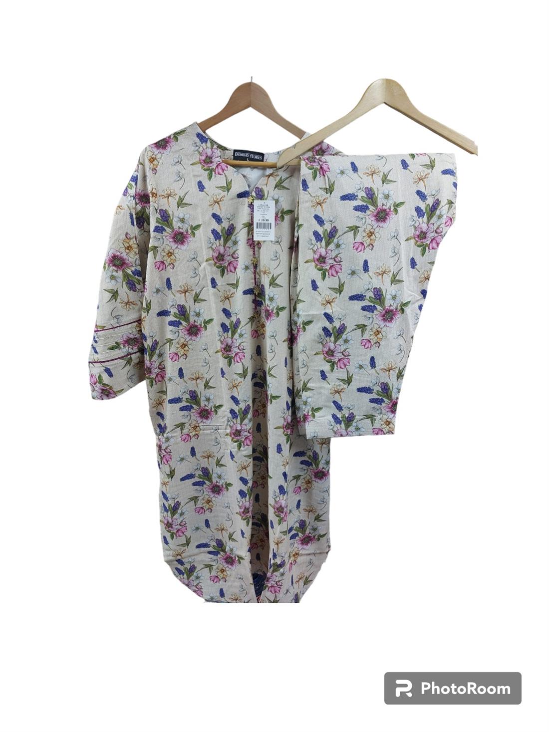 Cream & Multicolour Digital Print Linen Ladies Readymade