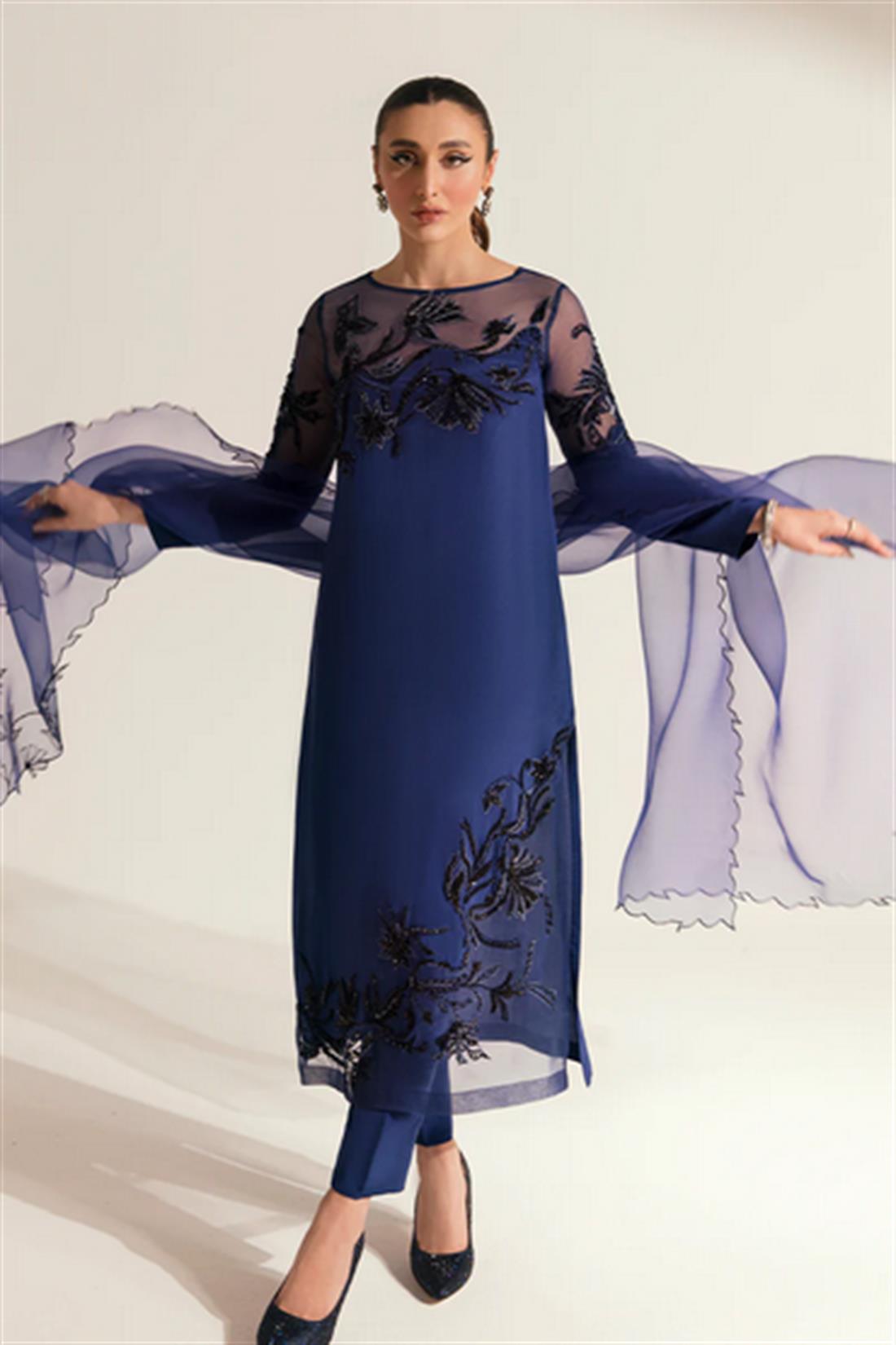 Blue Embroidered Organza Ladies Readymade