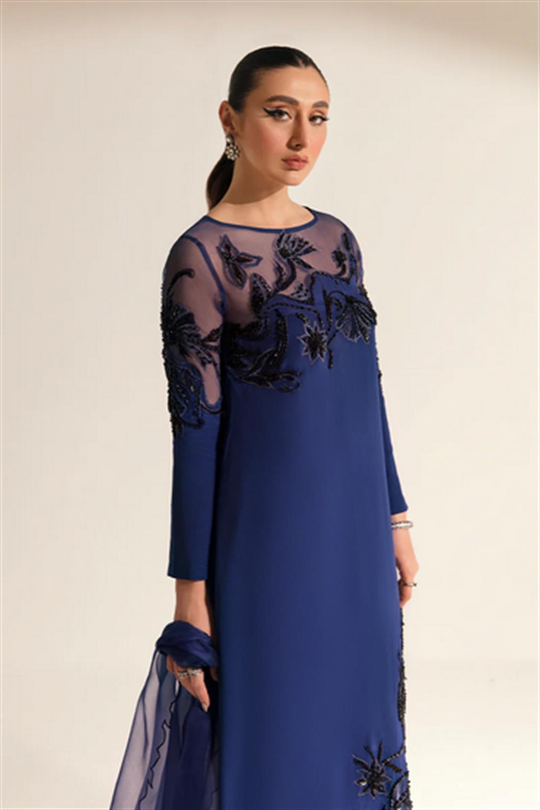 Blue Embroidered Organza Ladies Readymade