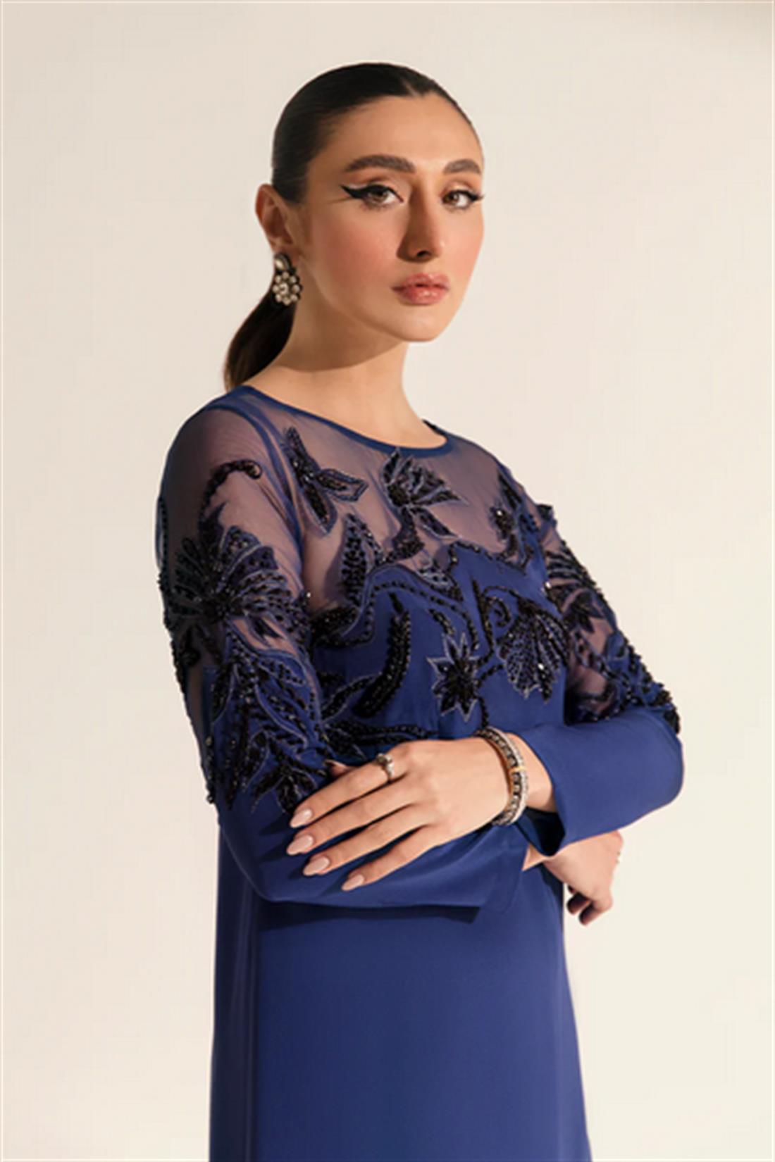 Blue Embroidered Organza Ladies Readymade