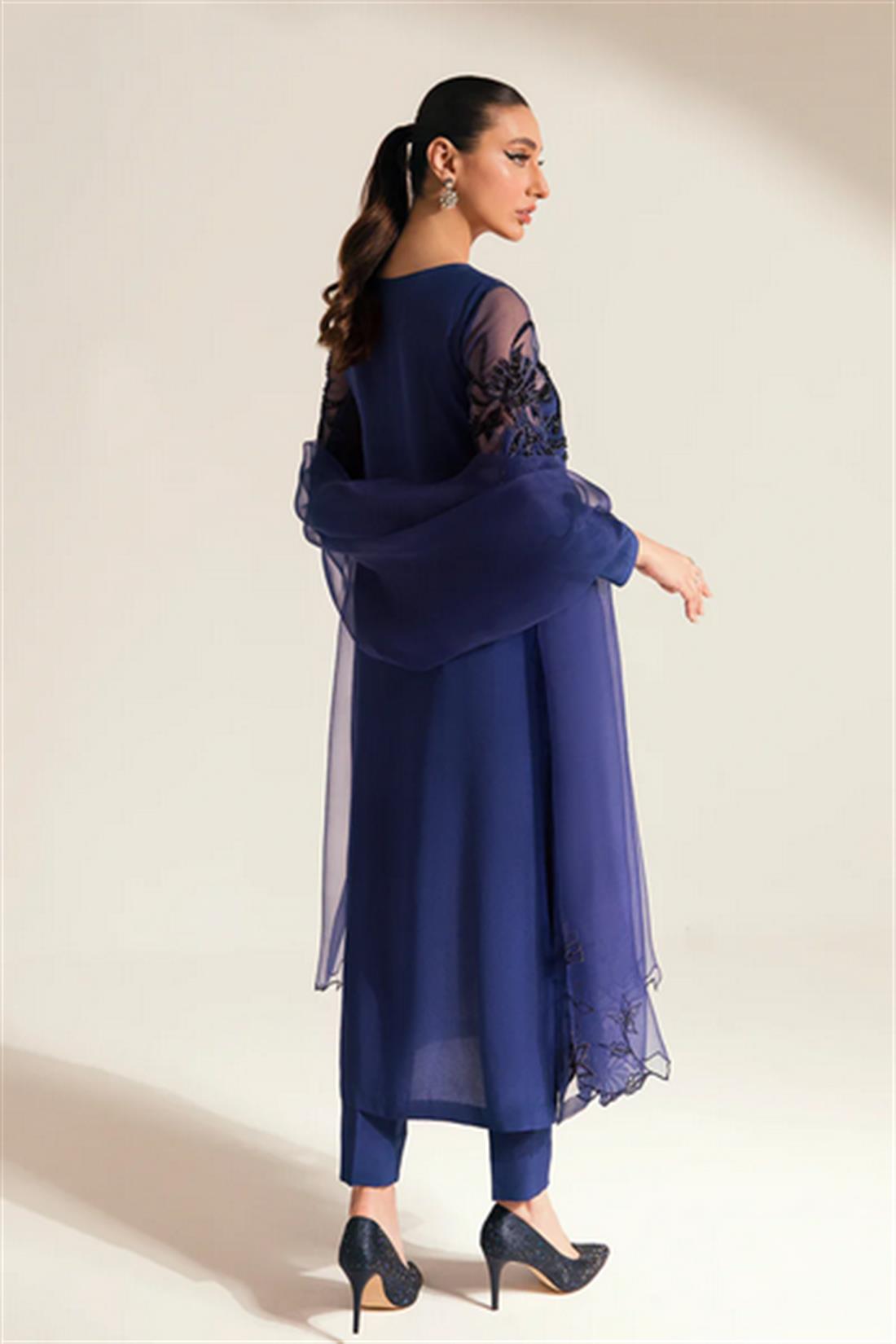 Blue Embroidered Organza Ladies Readymade