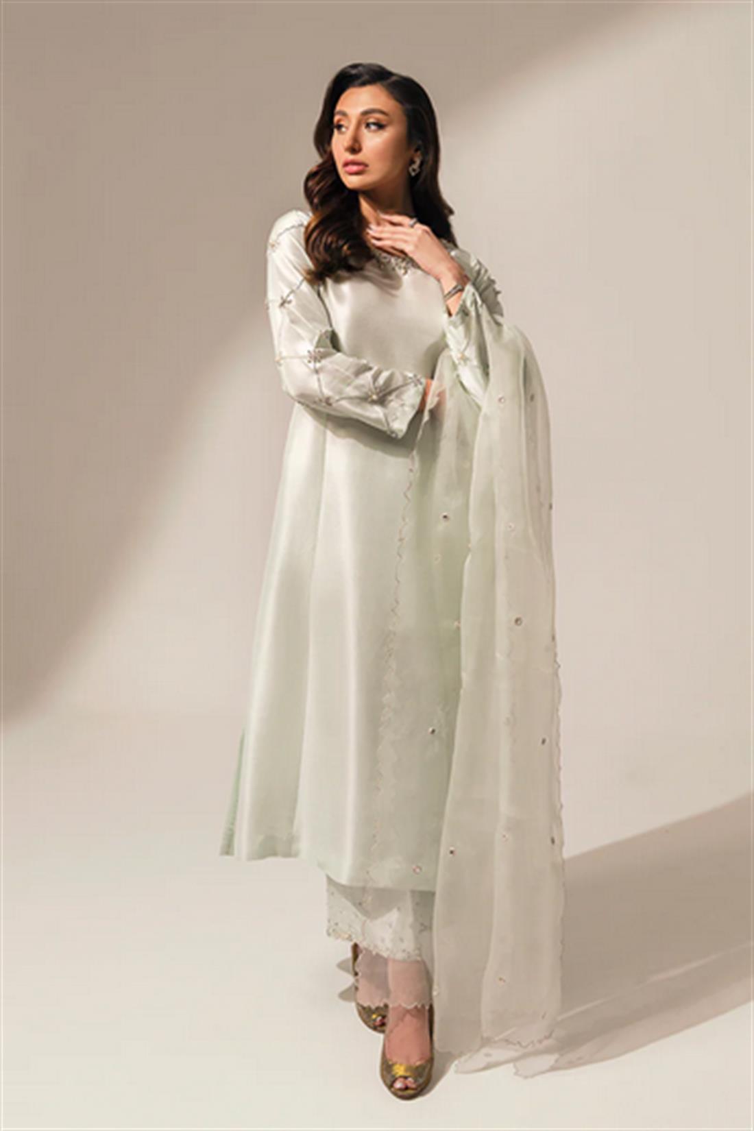 Cream Embroidered Raw Silk Ladies Readymade