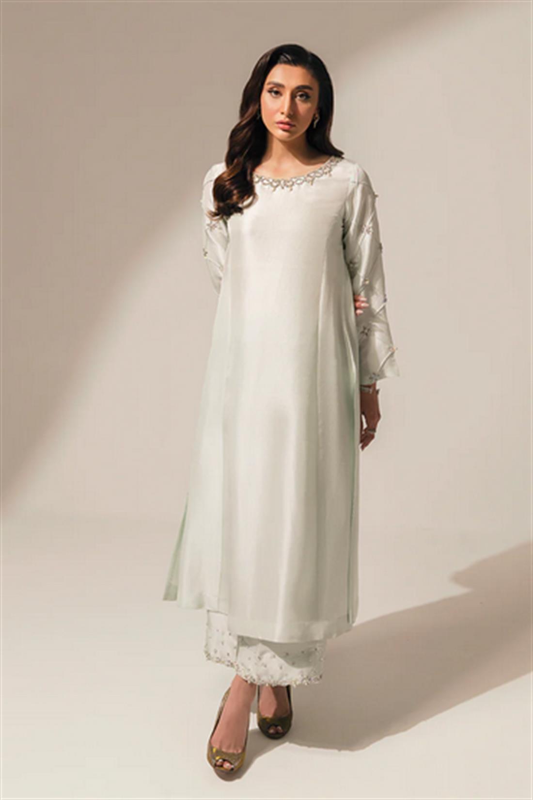 Cream Embroidered Raw Silk Ladies Readymade