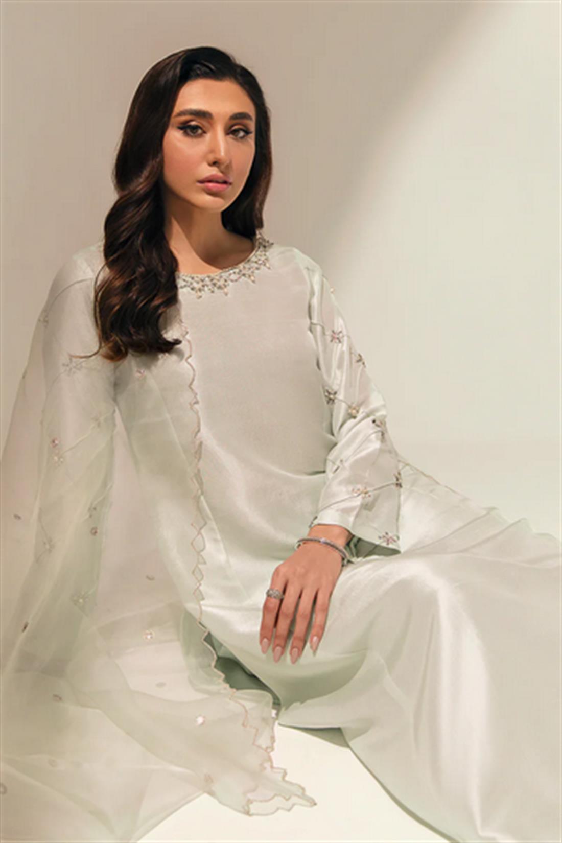 Cream Embroidered Raw Silk Ladies Readymade