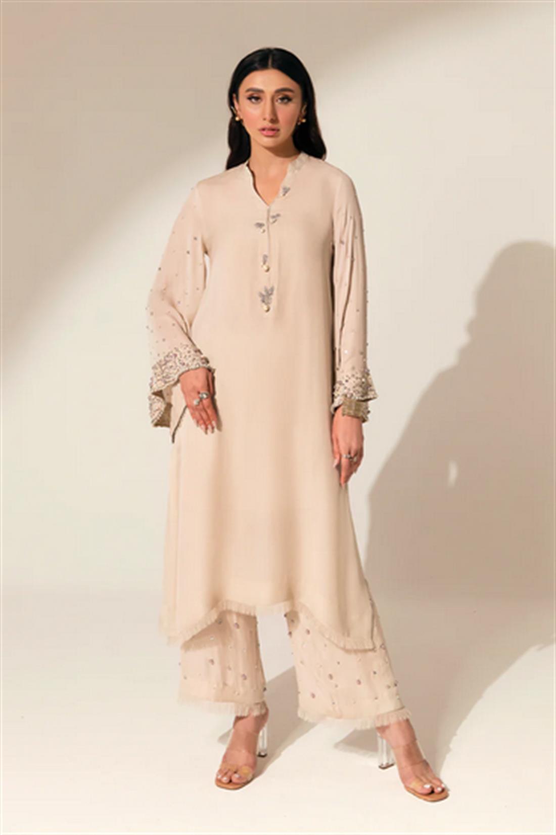 Light Beige Raw Silk Ladies Readymade