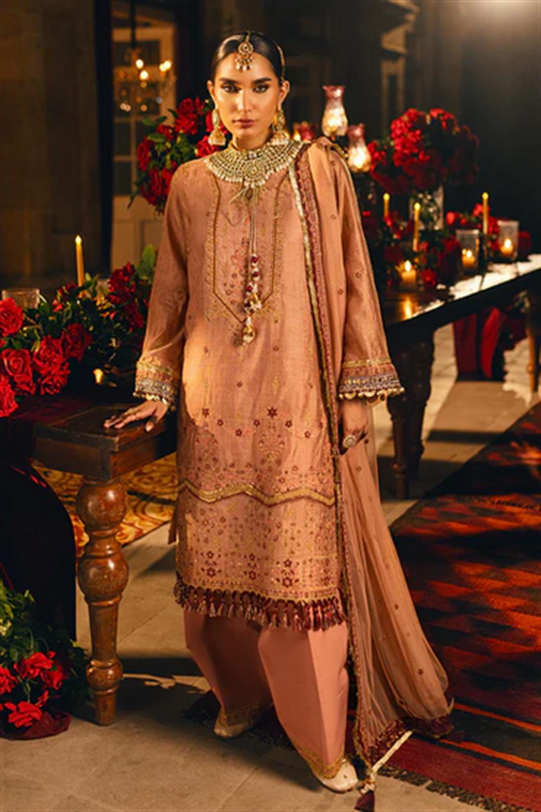 Dusty Pink Sequinned Raw Silk Ladies Readymade