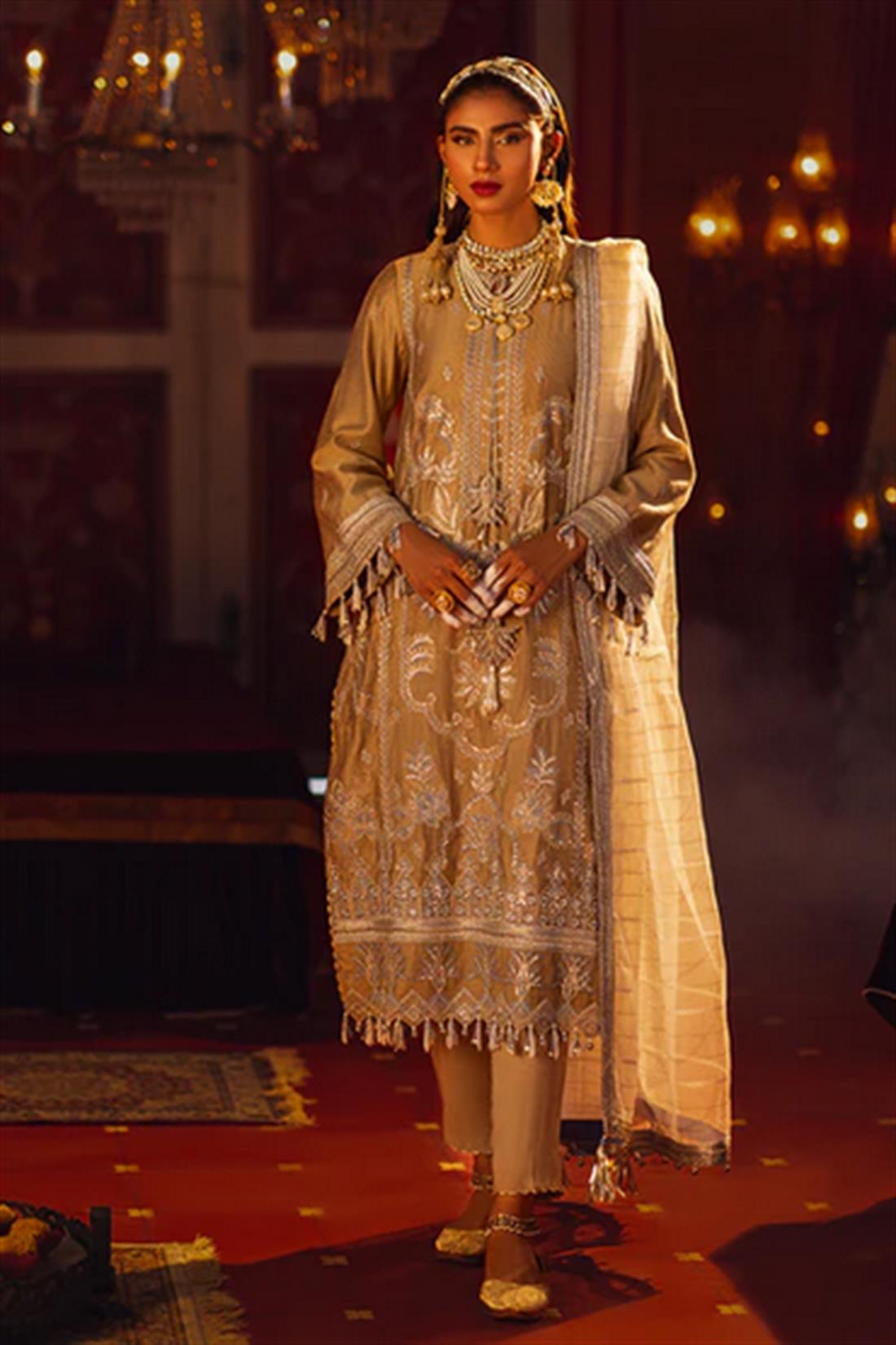 Beige Sequinned Organza Ladies Readymade