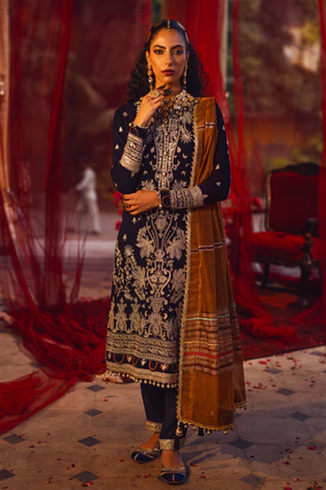 Blue Sequinned Raw Silk Ladies Readymade