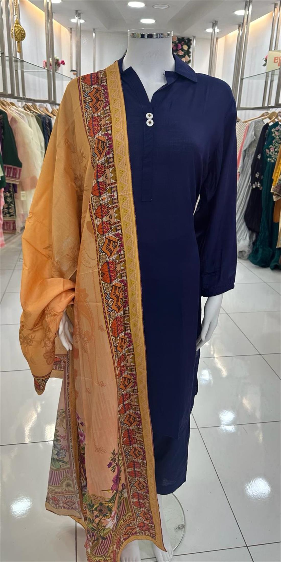 Navy Blue Linen Ladies Readymade