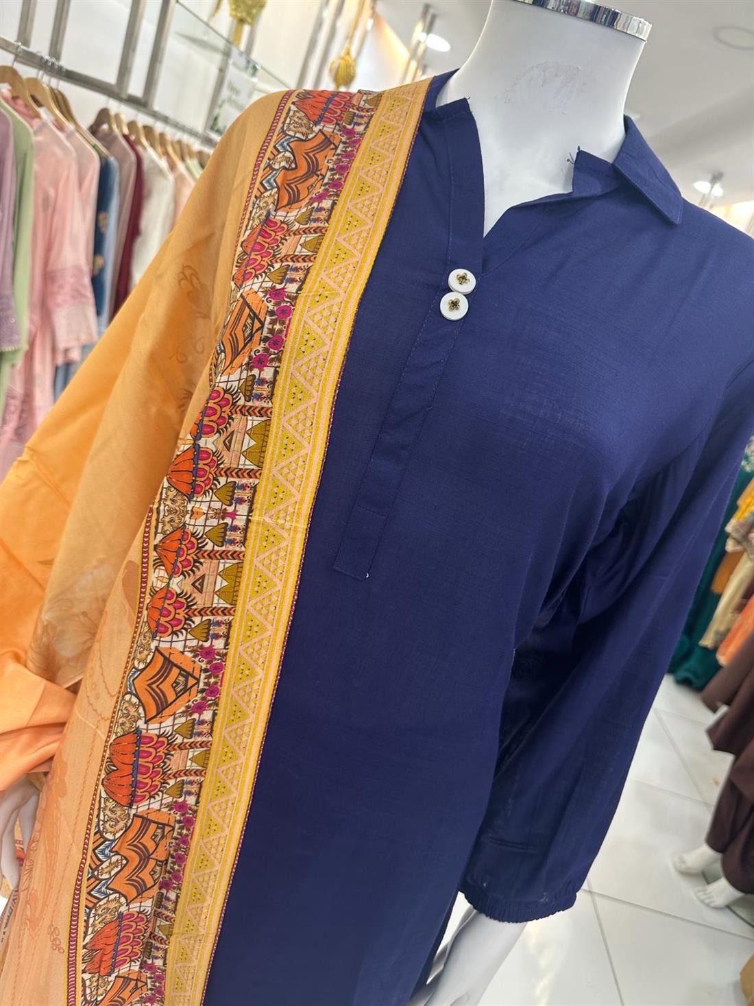 Navy Blue Linen Ladies Readymade