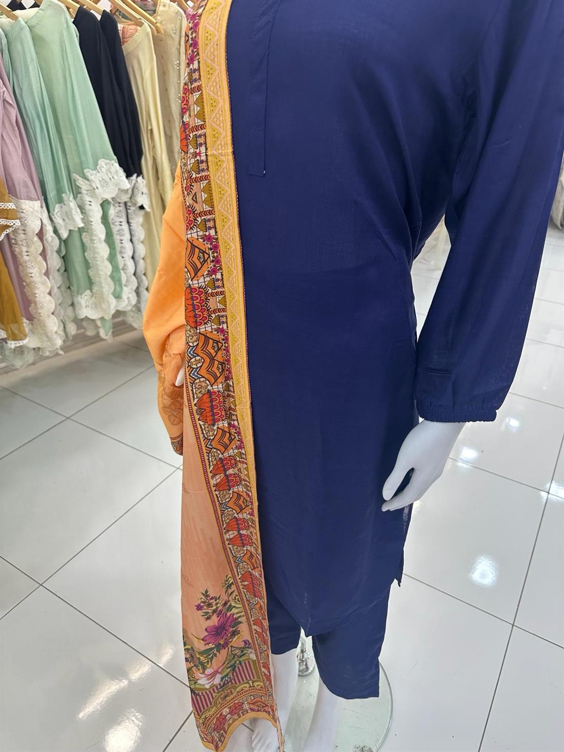 Navy Blue Linen Ladies Readymade