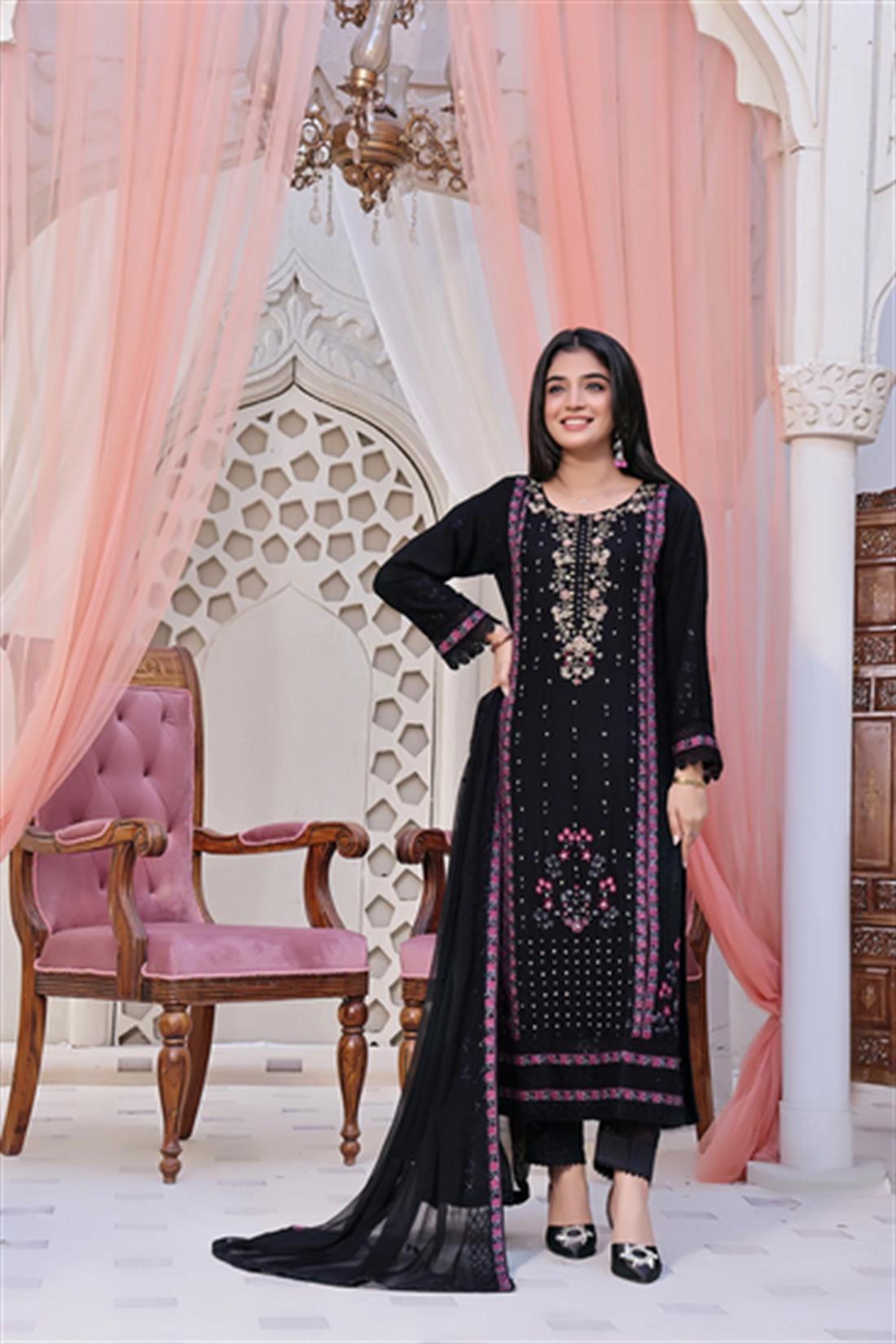 Black Embroidered Raw Silk Ladies Readymade
