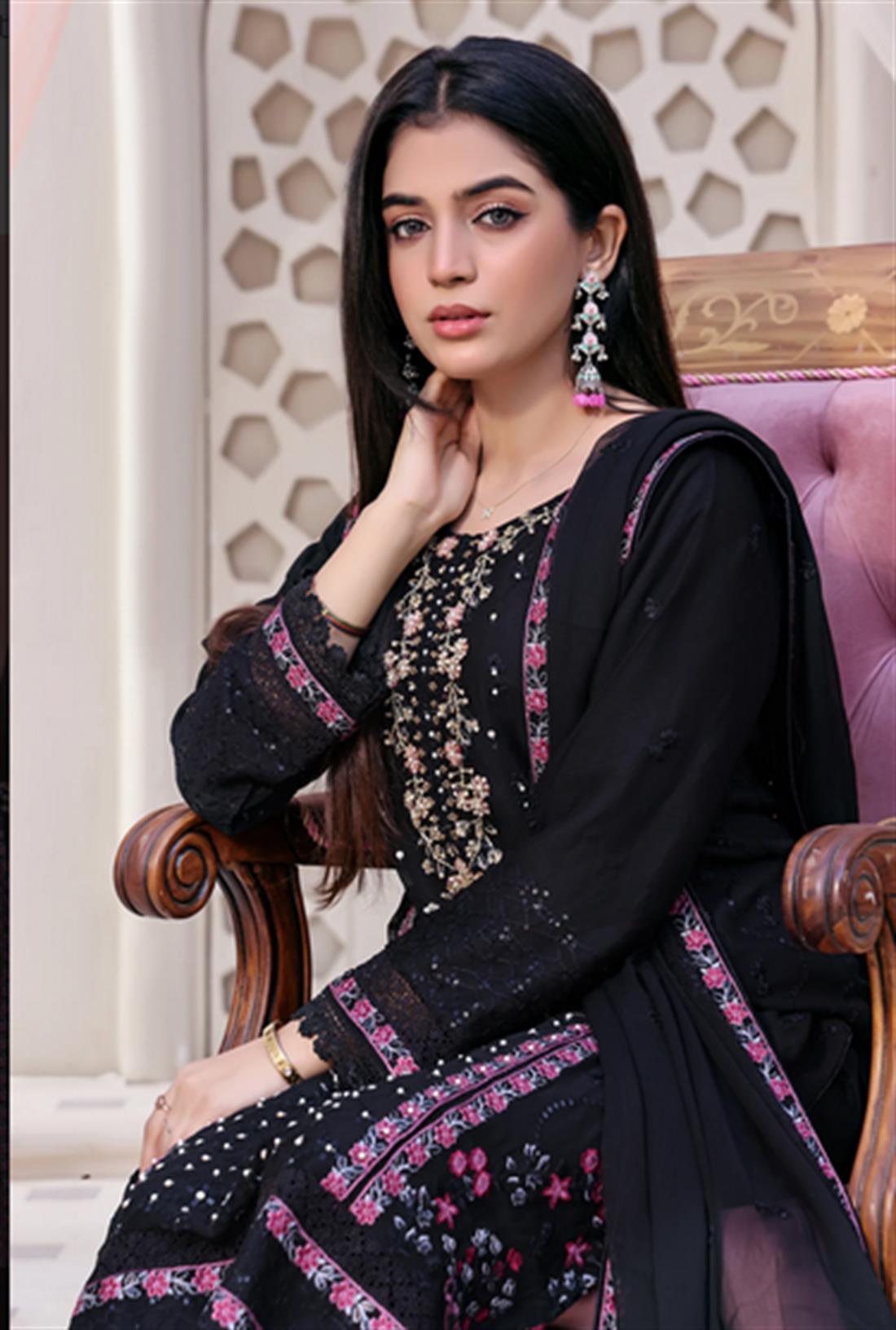 Black Embroidered Raw Silk Ladies Readymade
