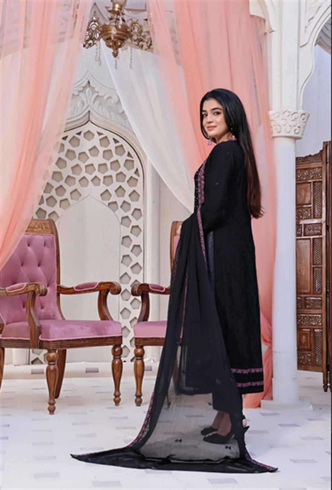 Black Embroidered Raw Silk Ladies Readymade
