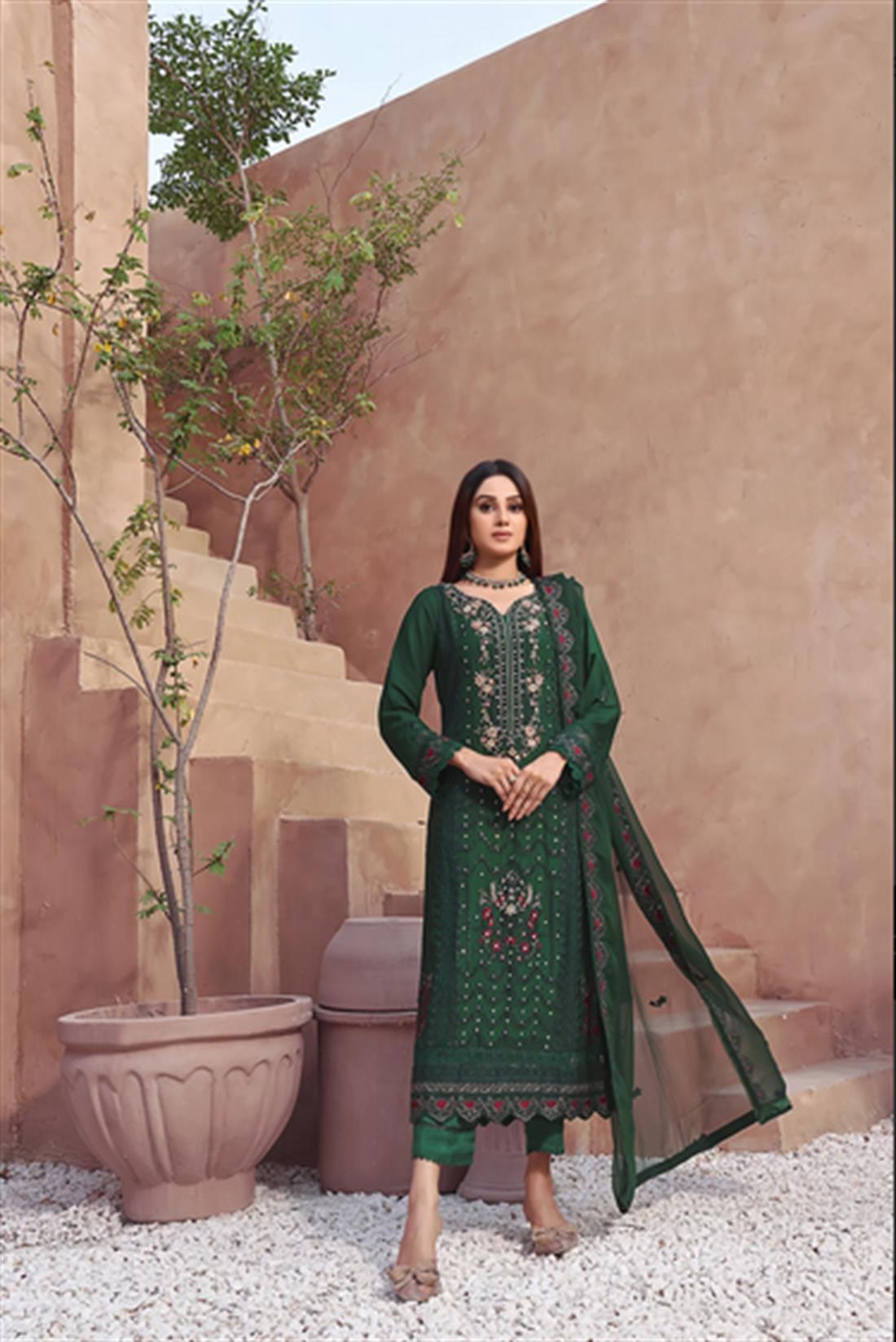Bottle Green Embroidered Raw Silk Ladies Readymade