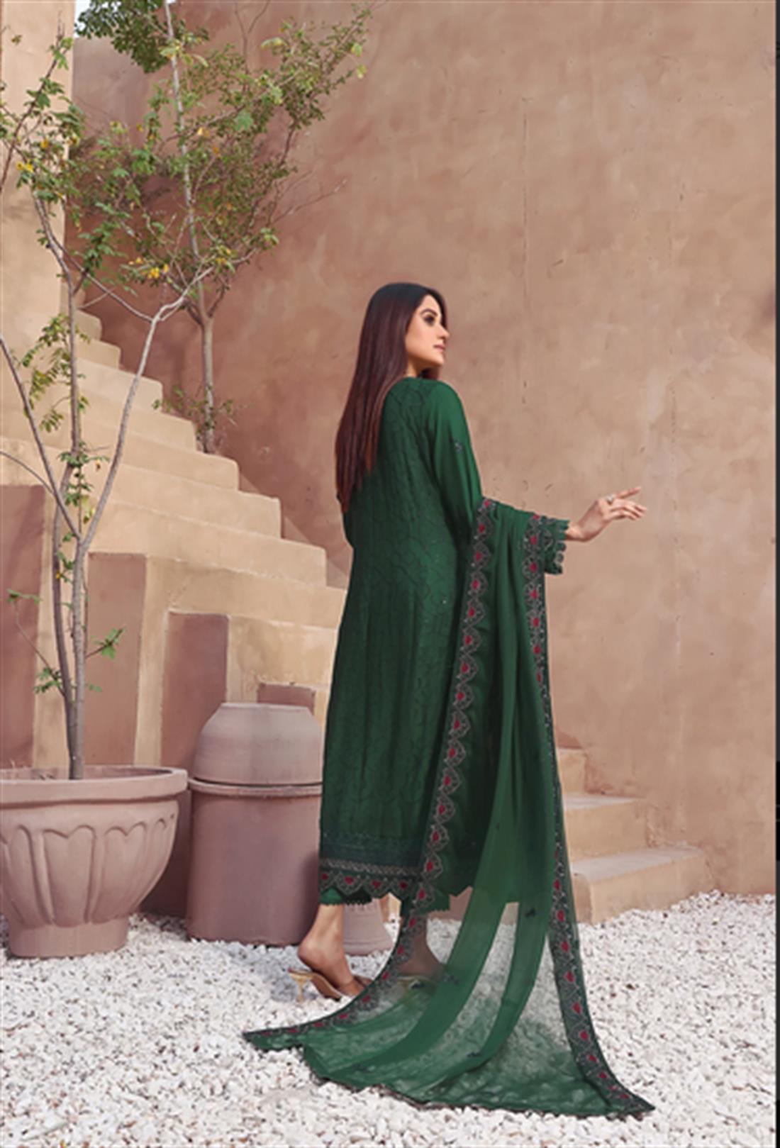 Bottle Green Embroidered Raw Silk Ladies Readymade