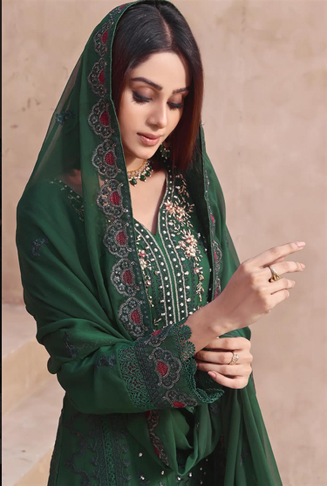 Bottle Green Embroidered Raw Silk Ladies Readymade
