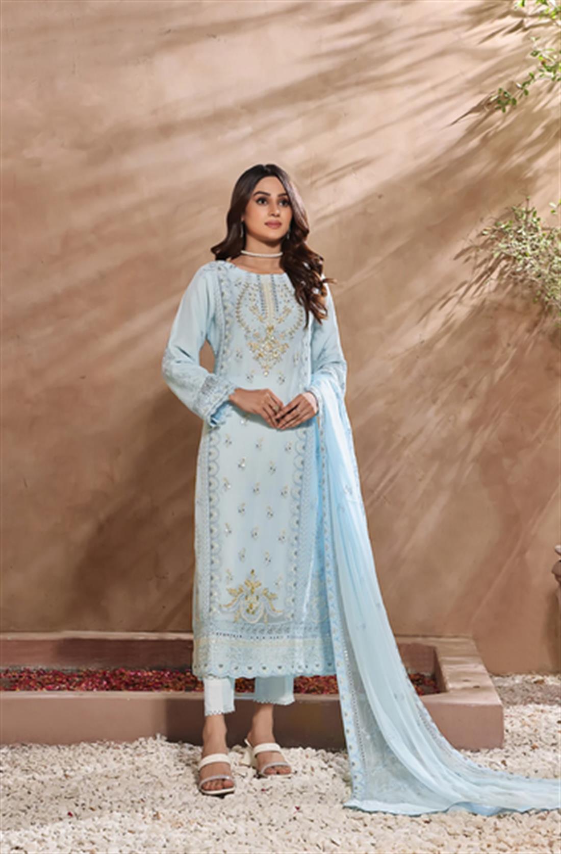 Powder Blue Embroidered Raw Silk Ladies Readymade