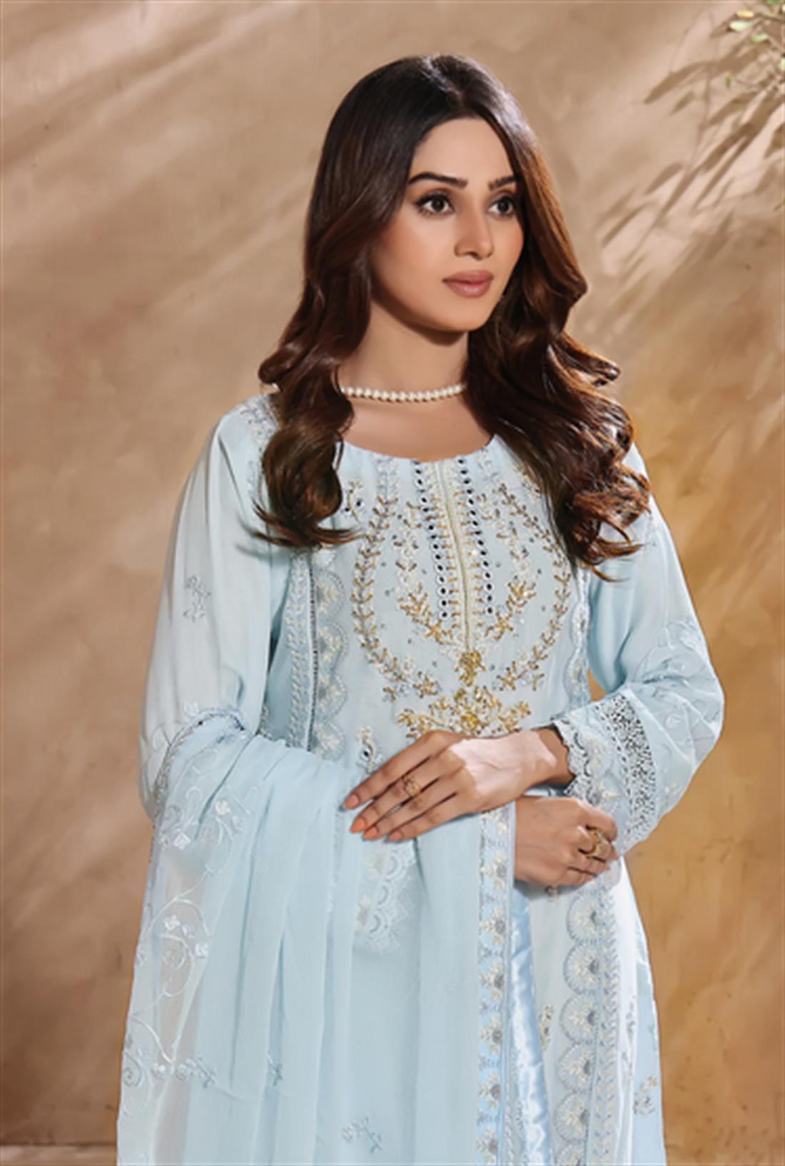 Powder Blue Embroidered Raw Silk Ladies Readymade