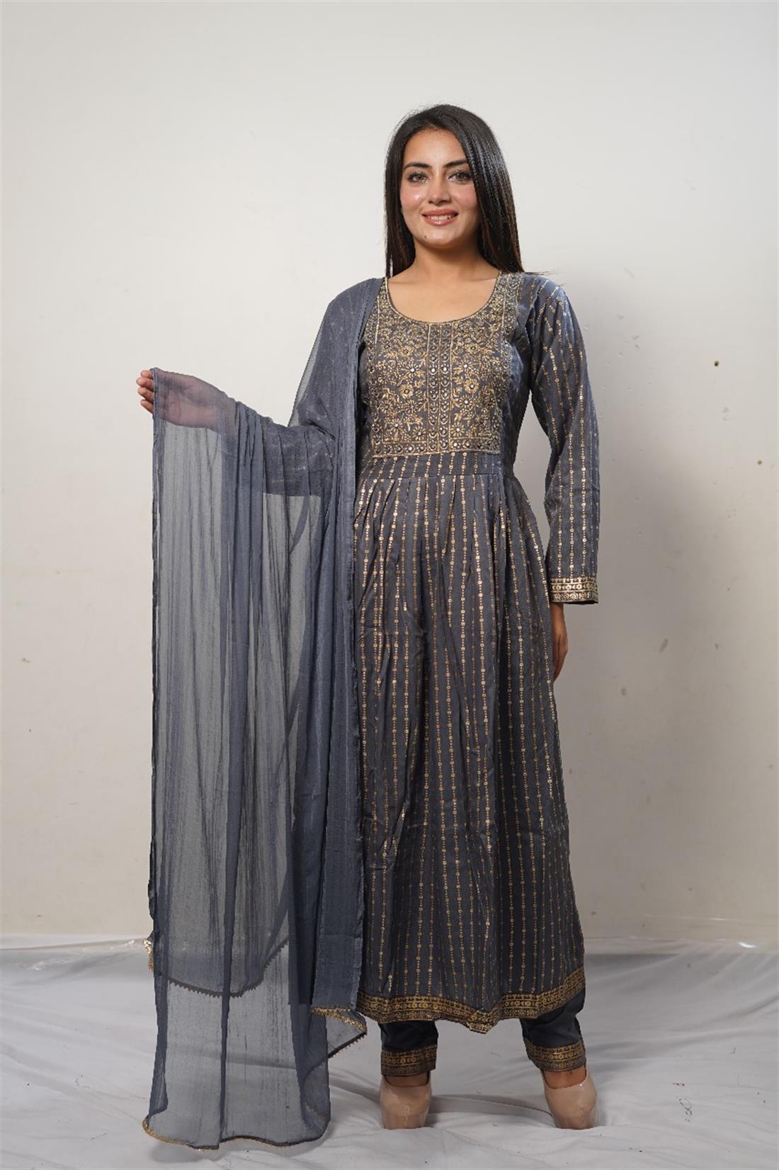 Grey Cotton Maxi Ladies Readymade