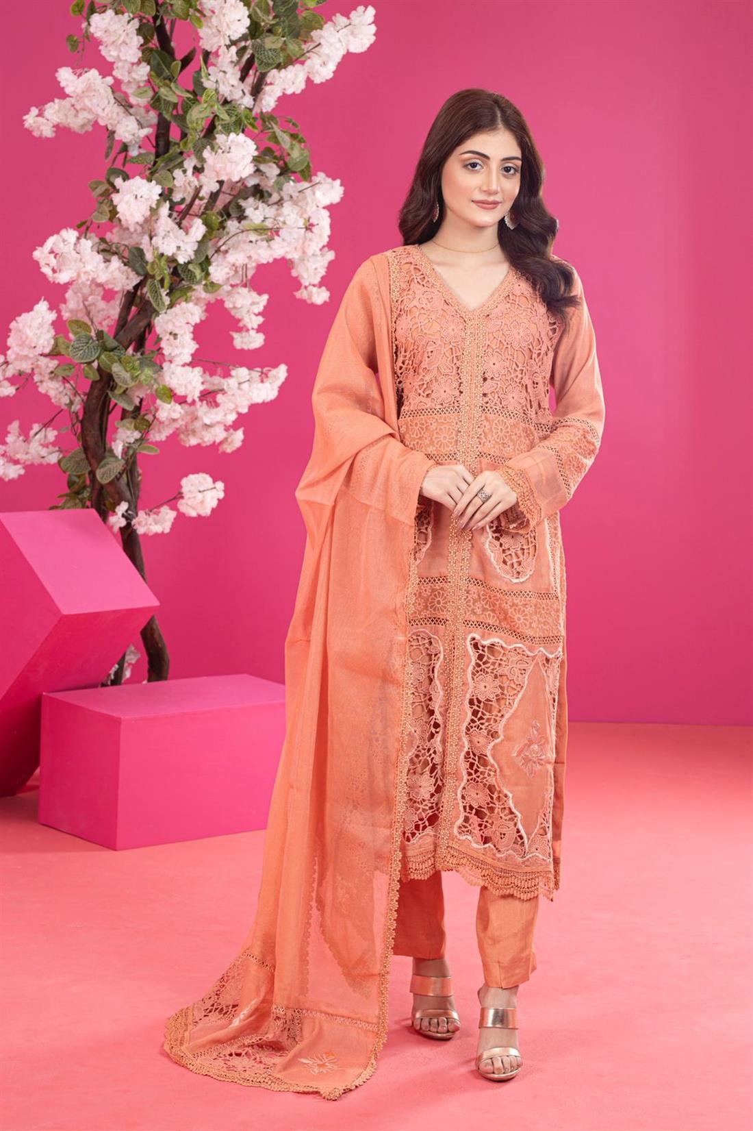Peach Embroidered Raw Silk Ladies Readymade