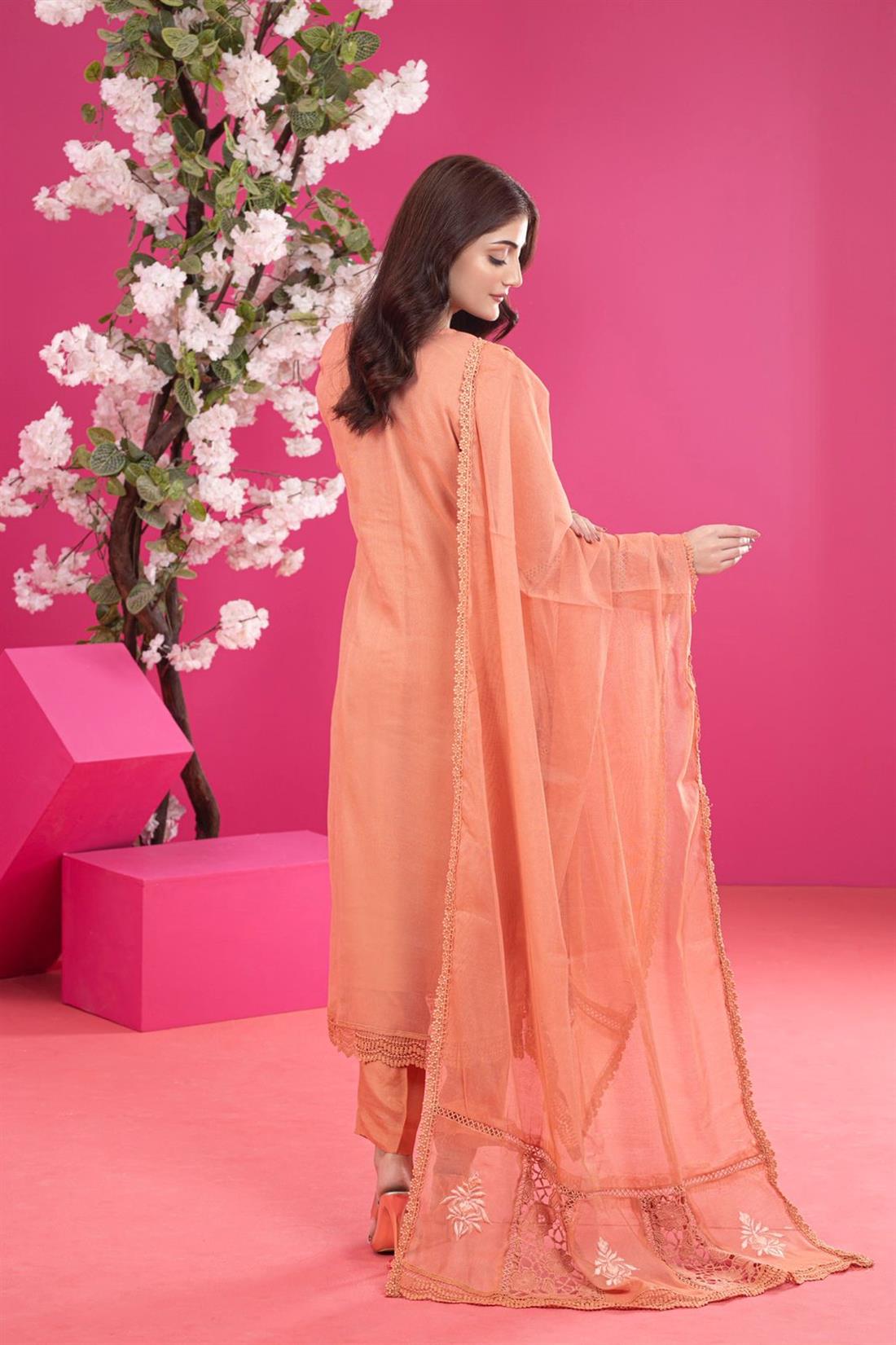 Peach Embroidered Raw Silk Ladies Readymade