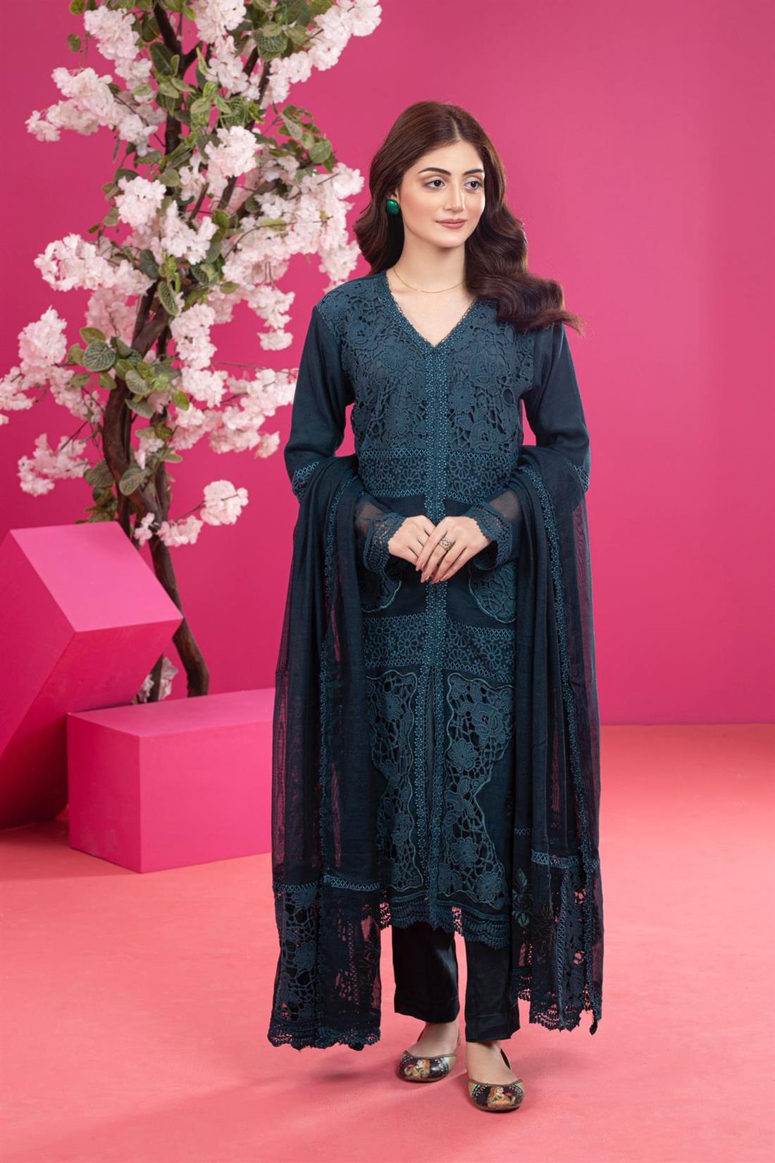 Dark Teal Embroidered Organza Ladies Readymade