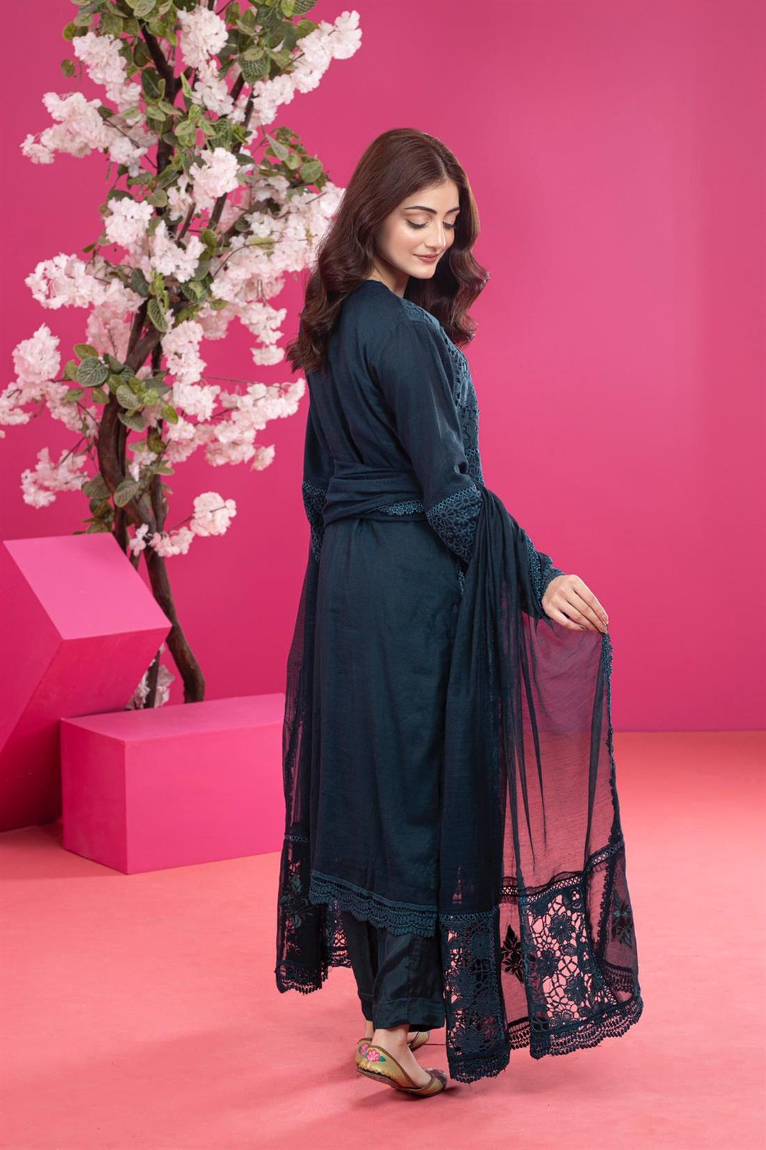 Dark Teal Embroidered Organza Ladies Readymade