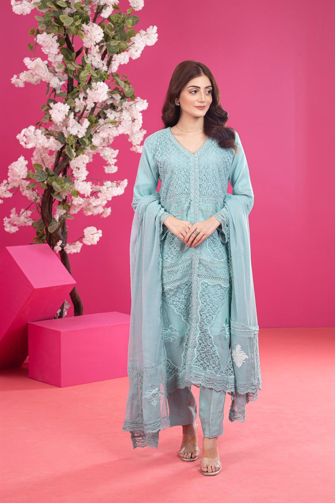 Aqua Embroidered Raw Silk Ladies Readymade