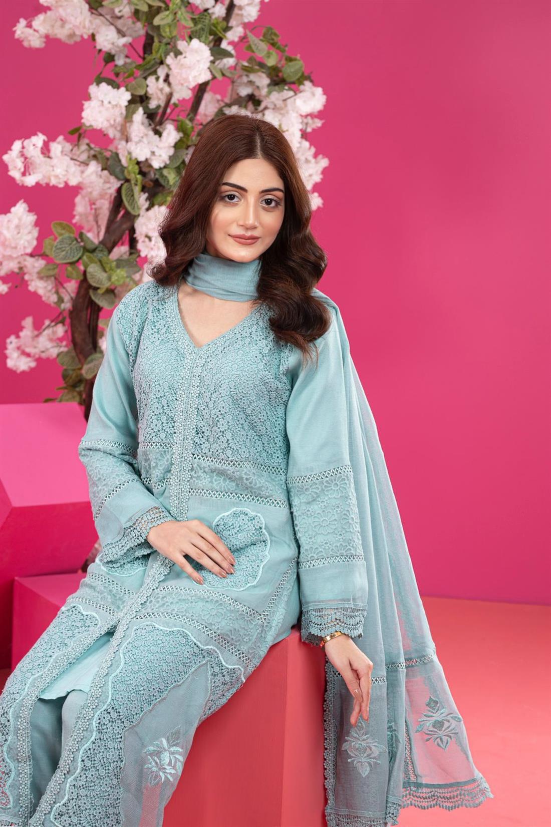 Aqua Embroidered Raw Silk Ladies Readymade