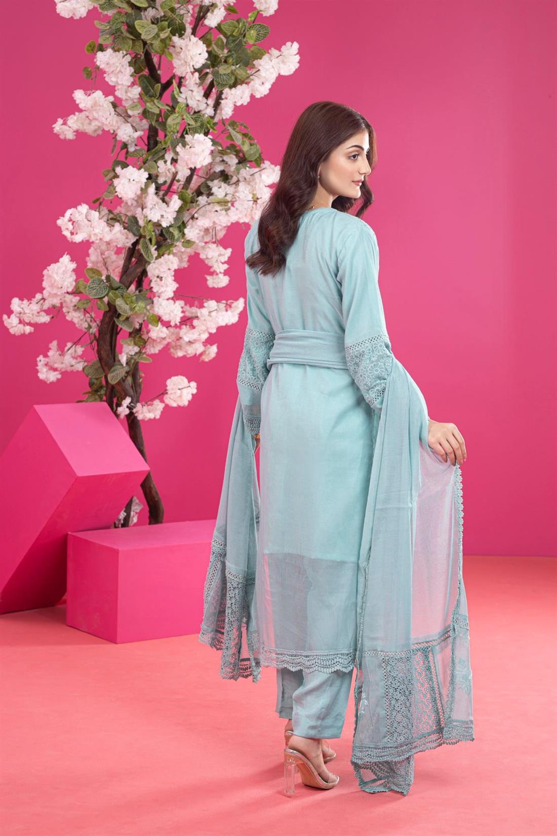 Aqua Embroidered Raw Silk Ladies Readymade