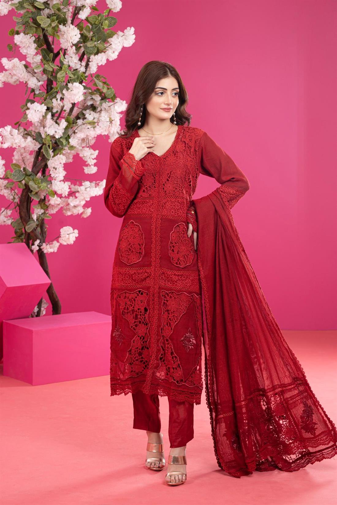 Maroon Embroidered Raw Silk Ladies Readymade