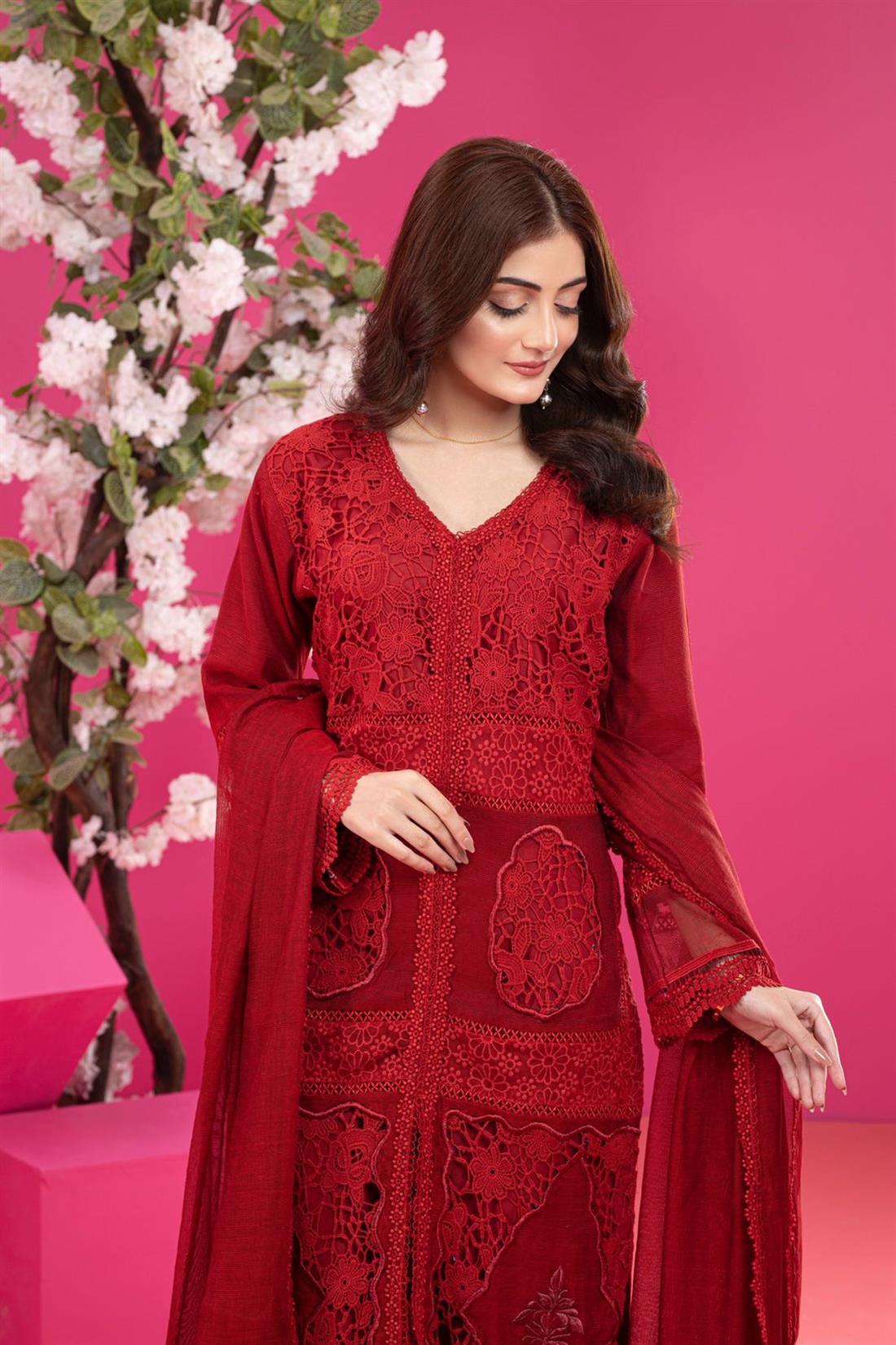 Maroon Embroidered Raw Silk Ladies Readymade