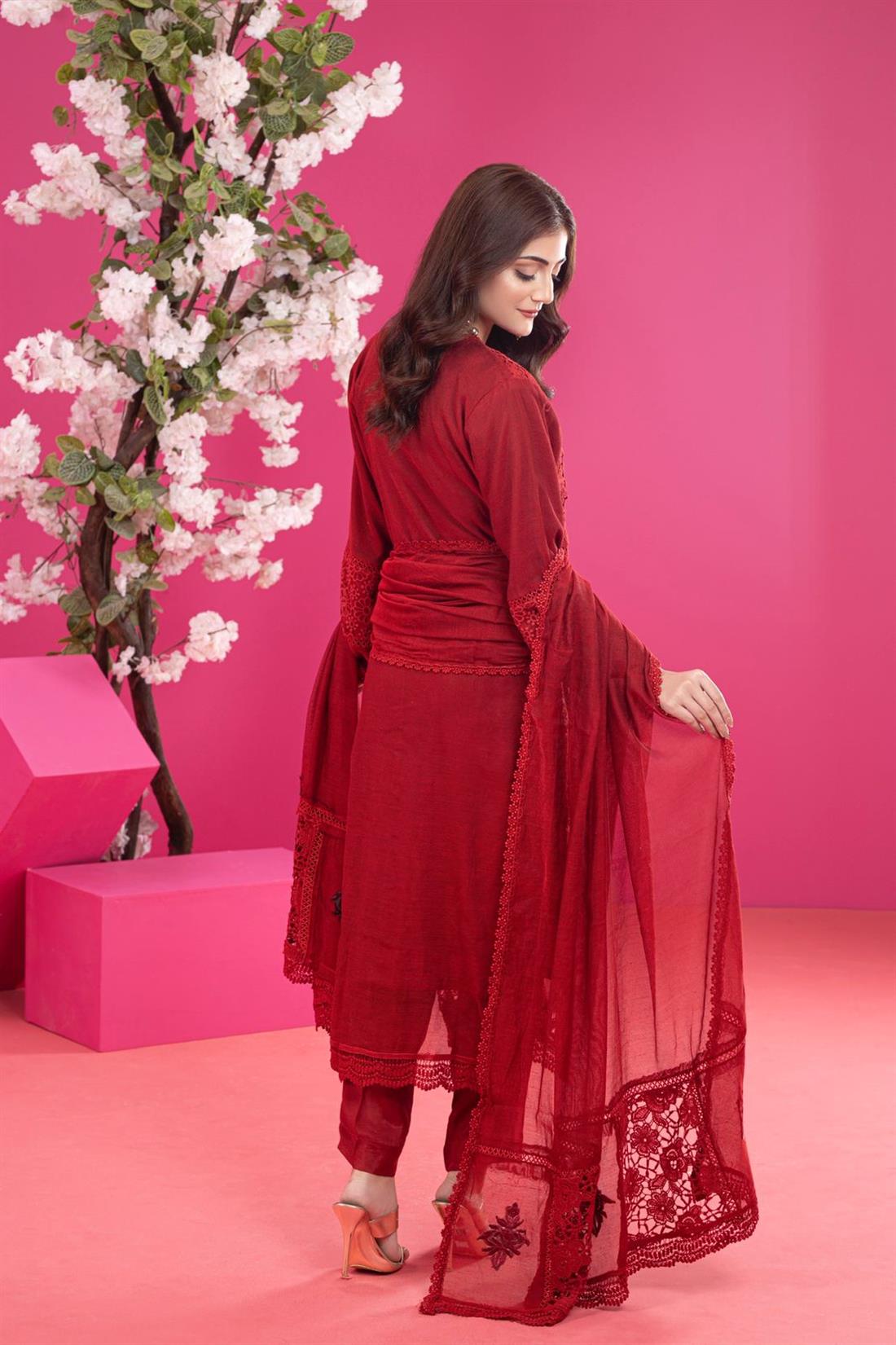 Maroon Embroidered Raw Silk Ladies Readymade