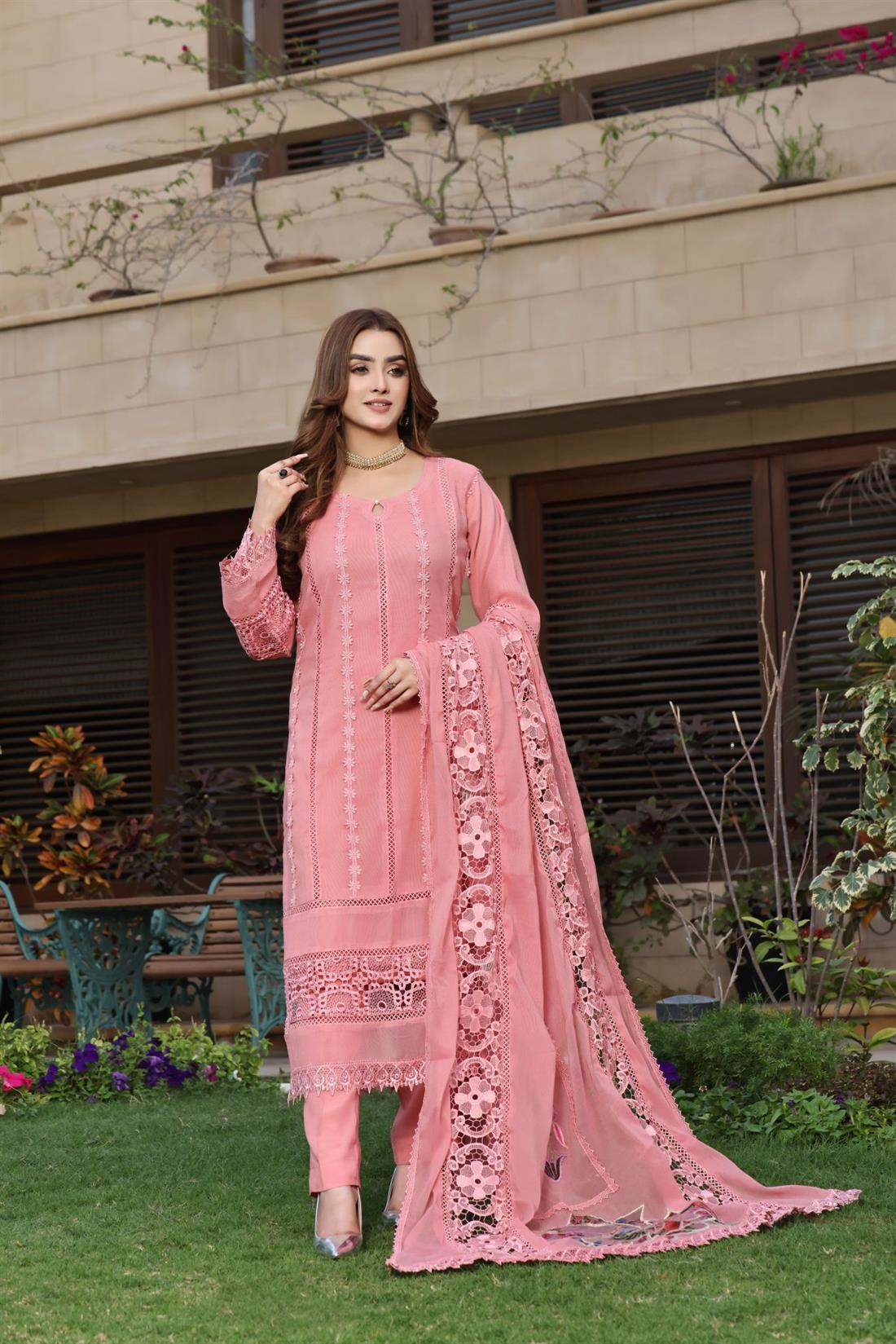 Pink Embroidered Silk Cotton Net 3 Piece Suit
