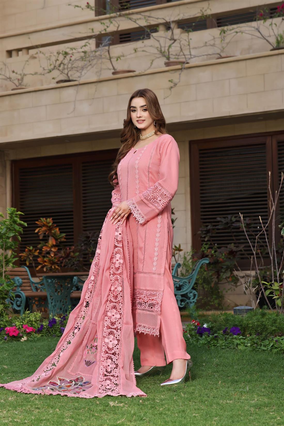 Pink Embroidered Silk Cotton Net 3 Piece Suit
