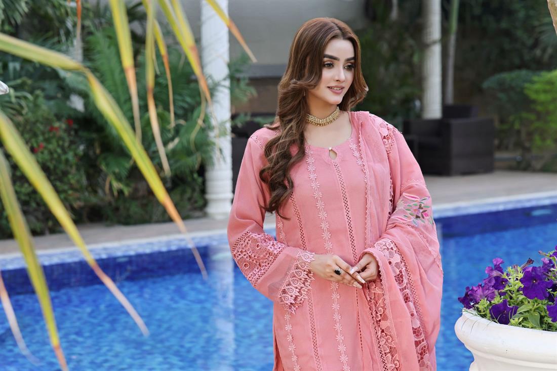 Pink Embroidered Silk Cotton Net 3 Piece Suit