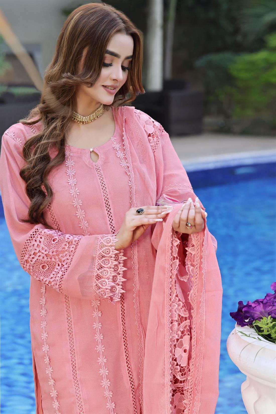 Pink Embroidered Silk Cotton Net 3 Piece Suit