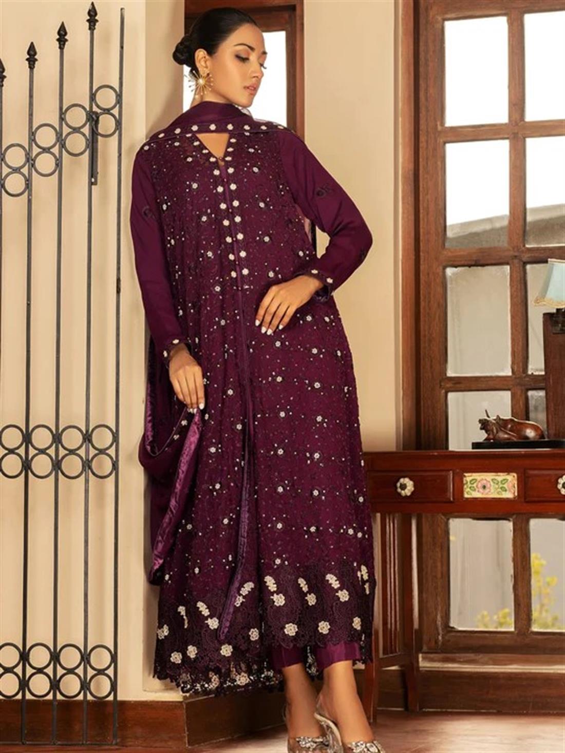 Purple Embroidered Raw Silk Chiffon Suit